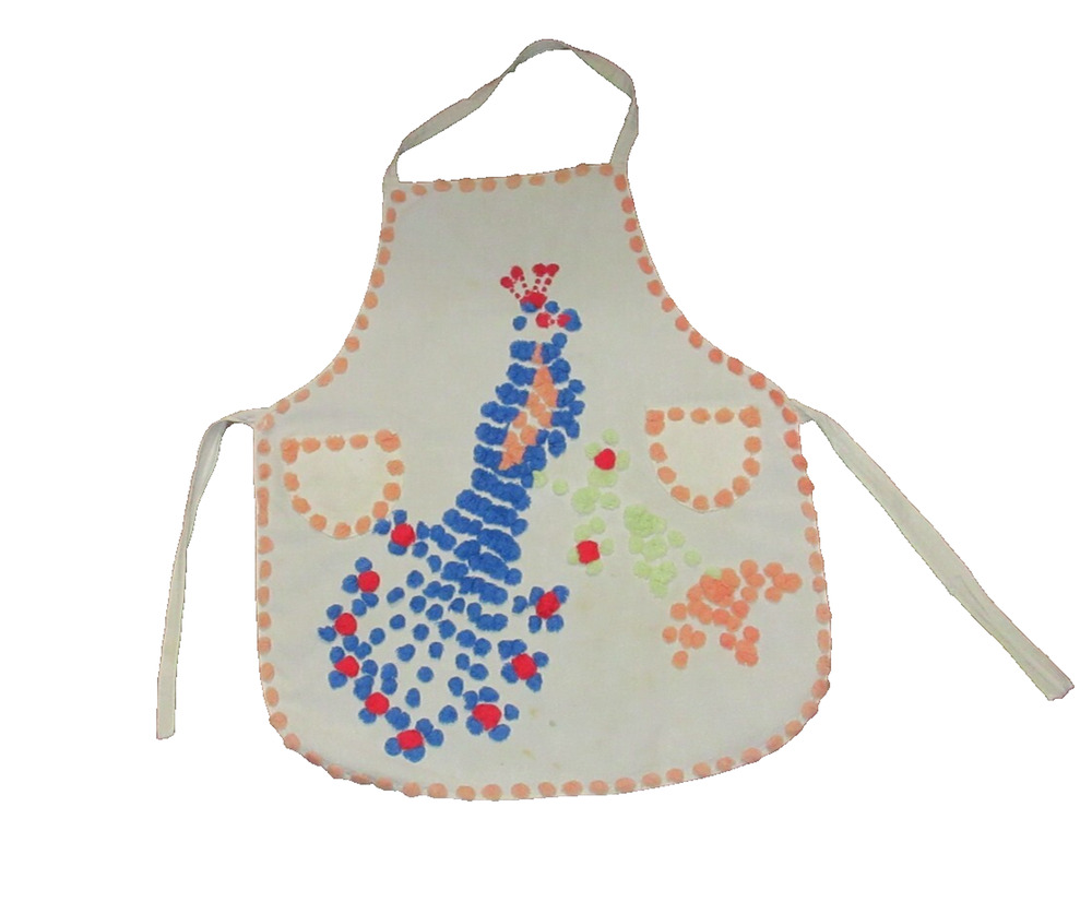 Vintage Childs Full Apron Chenille Detail Peacock Print